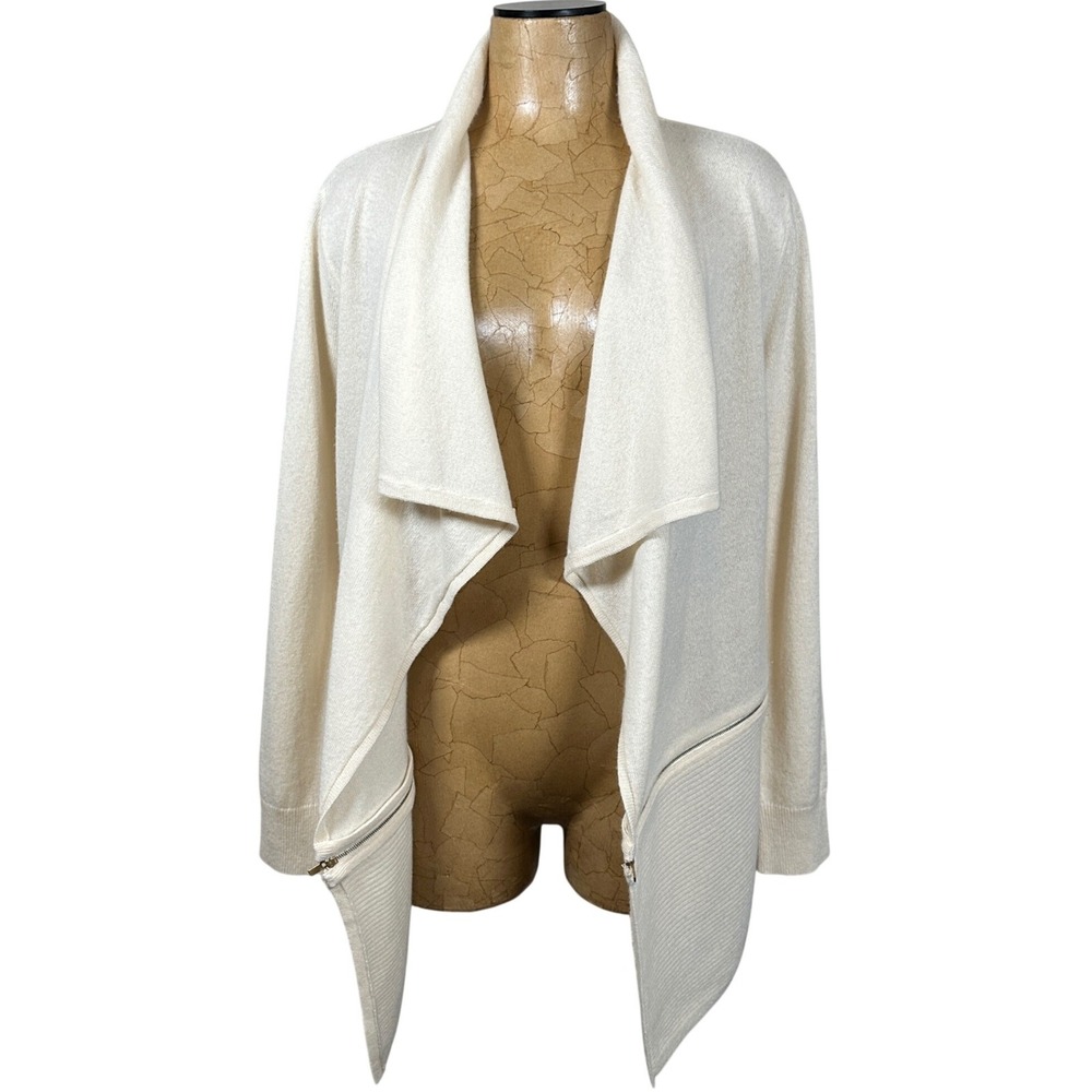 Neiman Marcus Cashmere Cardigan Small Cream Drape Front Zip Detail Sweater